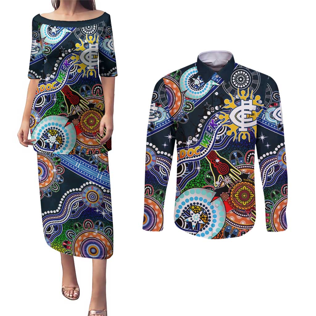 Custom NAIDOC Week 2024 Carlton Blues Couples Matching Puletasi and Long Sleeve Button Shirt Australia Aboriginal Dot Painting