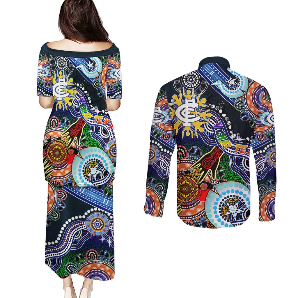 Custom NAIDOC Week 2024 Carlton Blues Couples Matching Puletasi and Long Sleeve Button Shirt Australia Aboriginal Dot Painting