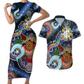Custom NAIDOC Week 2024 Carlton Blues Couples Matching Short Sleeve Bodycon Dress and Hawaiian Shirt Australia Aboriginal Dot Painting