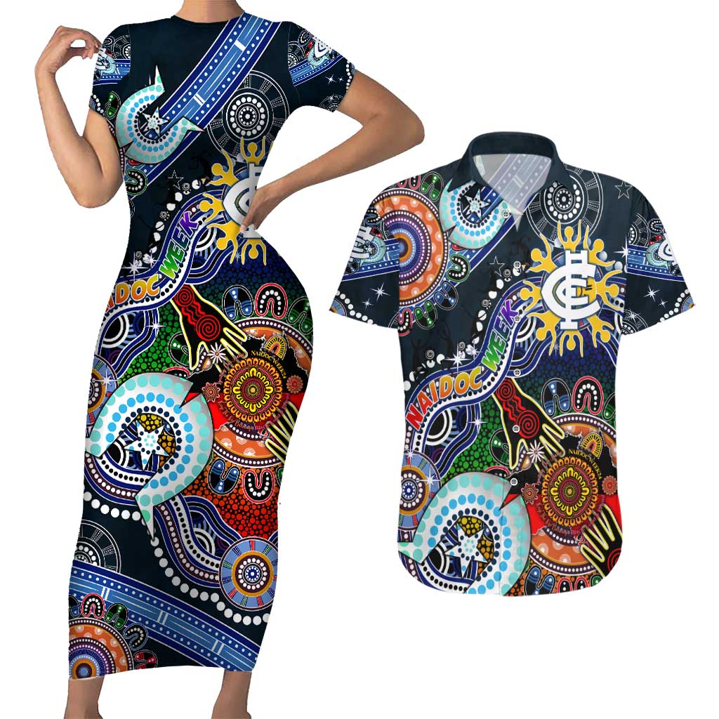 Custom NAIDOC Week 2024 Carlton Blues Couples Matching Short Sleeve Bodycon Dress and Hawaiian Shirt Australia Aboriginal Dot Painting