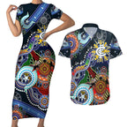 Custom NAIDOC Week 2024 Carlton Blues Couples Matching Short Sleeve Bodycon Dress and Hawaiian Shirt Australia Aboriginal Dot Painting