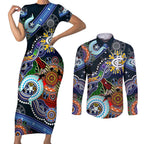 Custom NAIDOC Week 2024 Carlton Blues Couples Matching Short Sleeve Bodycon Dress and Long Sleeve Button Shirt Australia Aboriginal Dot Painting