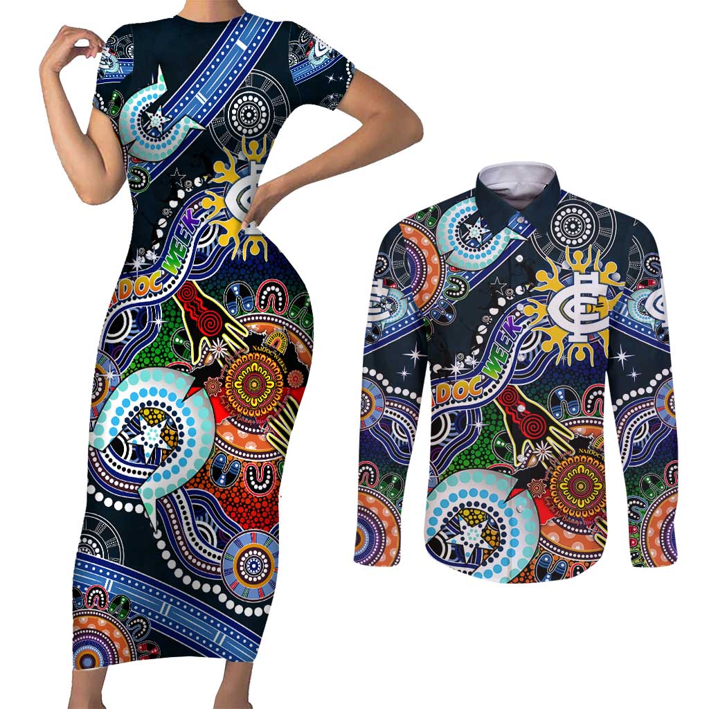 Custom NAIDOC Week 2024 Carlton Blues Couples Matching Short Sleeve Bodycon Dress and Long Sleeve Button Shirt Australia Aboriginal Dot Painting