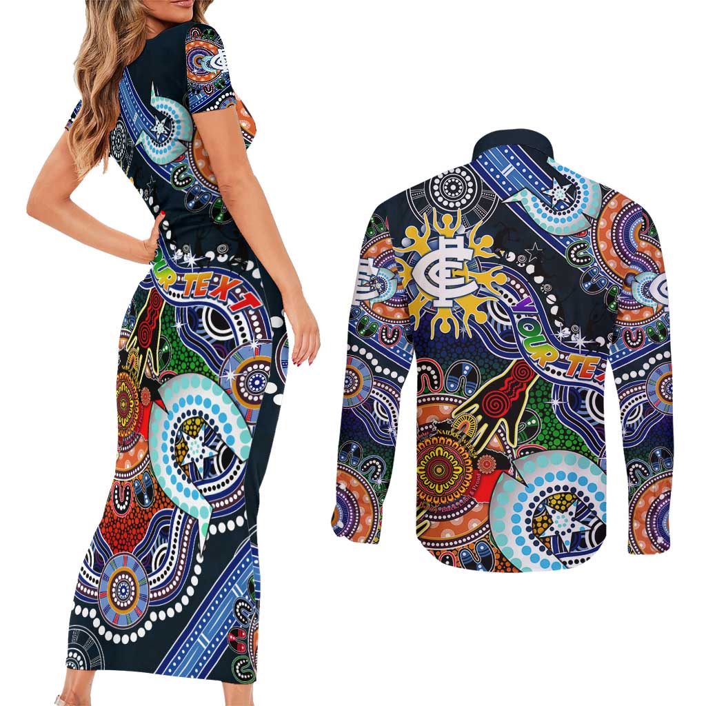 Custom NAIDOC Week 2024 Carlton Blues Couples Matching Short Sleeve Bodycon Dress and Long Sleeve Button Shirt Australia Aboriginal Dot Painting