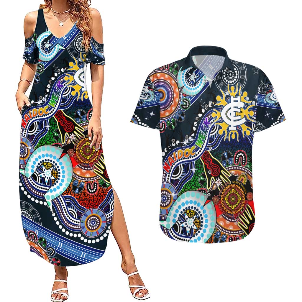 Custom NAIDOC Week 2024 Carlton Blues Couples Matching Summer Maxi Dress and Hawaiian Shirt Australia Aboriginal Dot Painting