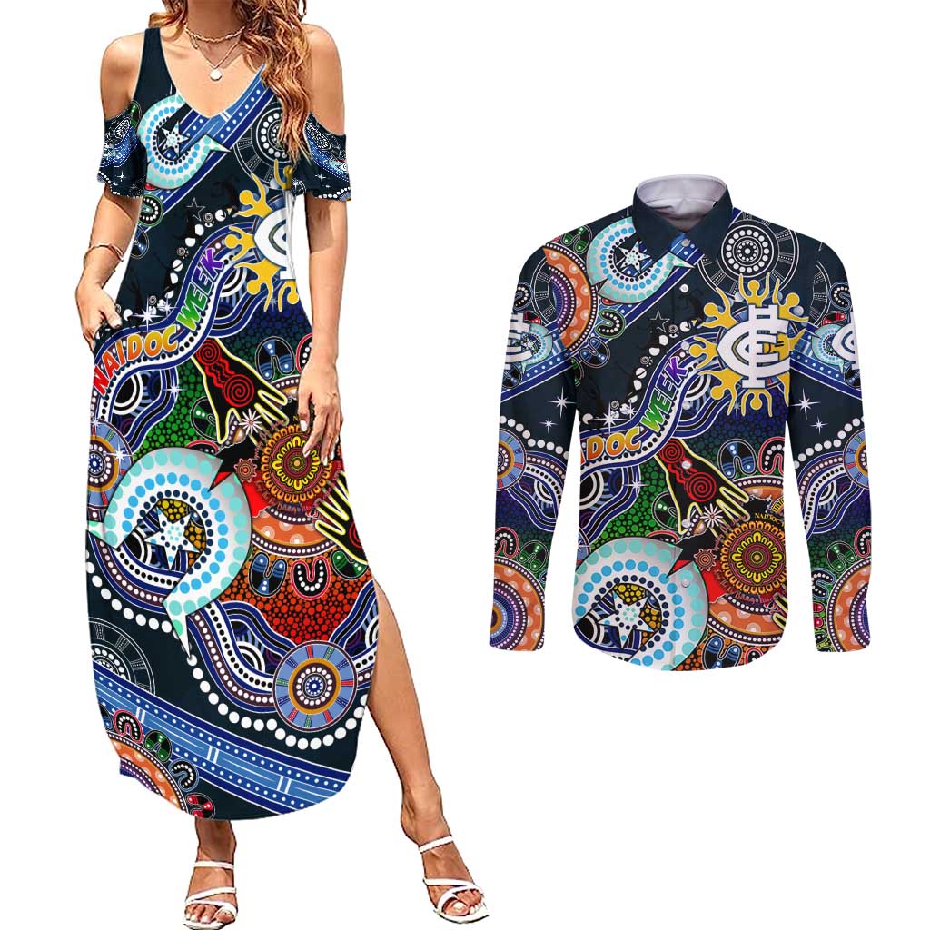 Custom NAIDOC Week 2024 Carlton Blues Couples Matching Summer Maxi Dress and Long Sleeve Button Shirt Australia Aboriginal Dot Painting
