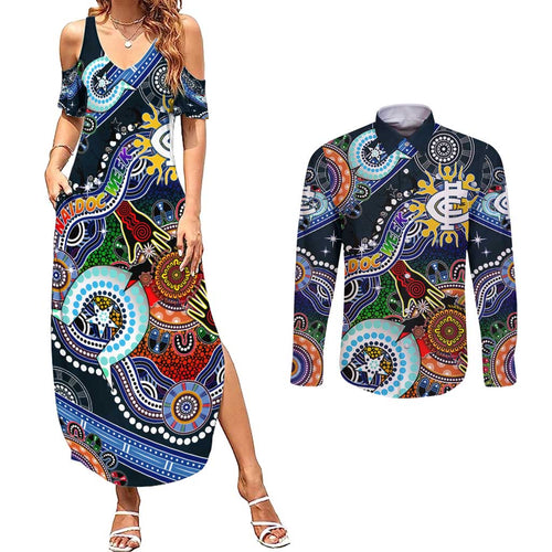 Custom NAIDOC Week 2024 Carlton Blues Couples Matching Summer Maxi Dress and Long Sleeve Button Shirt Australia Aboriginal Dot Painting