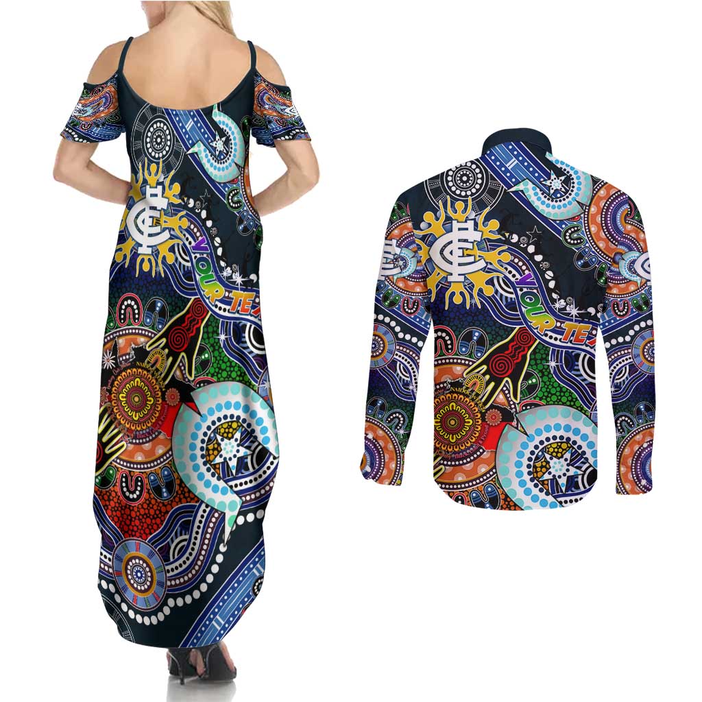 Custom NAIDOC Week 2024 Carlton Blues Couples Matching Summer Maxi Dress and Long Sleeve Button Shirt Australia Aboriginal Dot Painting