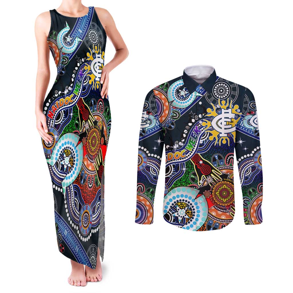 Custom NAIDOC Week 2024 Carlton Blues Couples Matching Tank Maxi Dress and Long Sleeve Button Shirt Australia Aboriginal Dot Painting