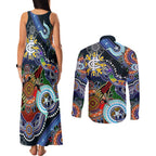 Custom NAIDOC Week 2024 Carlton Blues Couples Matching Tank Maxi Dress and Long Sleeve Button Shirt Australia Aboriginal Dot Painting