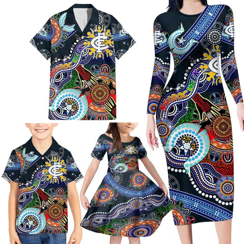 Custom NAIDOC Week 2024 Carlton Blues Family Matching Long Sleeve Bodycon Dress and Hawaiian Shirt Australia Aboriginal Dot Painting