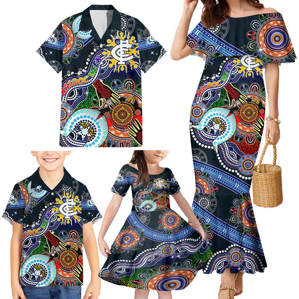 Custom NAIDOC Week 2024 Carlton Blues Family Matching Mermaid Dress and Hawaiian Shirt Australia Aboriginal Dot Painting