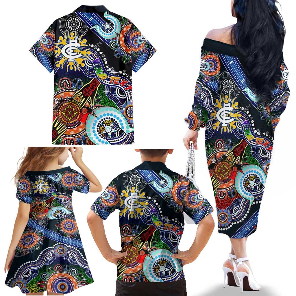 Custom NAIDOC Week 2024 Carlton Blues Family Matching Off The Shoulder Long Sleeve Dress and Hawaiian Shirt Australia Aboriginal Dot Painting