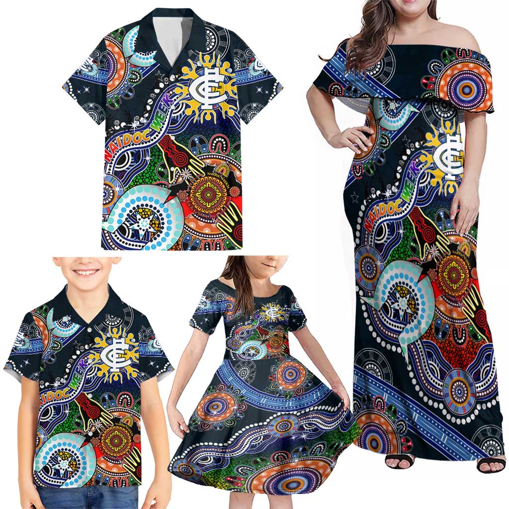 Custom NAIDOC Week 2024 Carlton Blues Family Matching Off Shoulder Maxi Dress and Hawaiian Shirt Australia Aboriginal Dot Painting