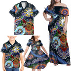 Custom NAIDOC Week 2024 Carlton Blues Family Matching Off Shoulder Maxi Dress and Hawaiian Shirt Australia Aboriginal Dot Painting