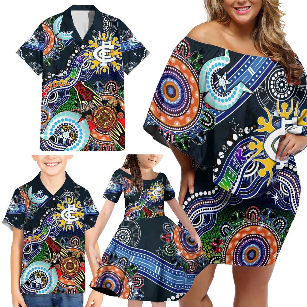 Custom NAIDOC Week 2024 Carlton Blues Family Matching Off Shoulder Short Dress and Hawaiian Shirt Australia Aboriginal Dot Painting
