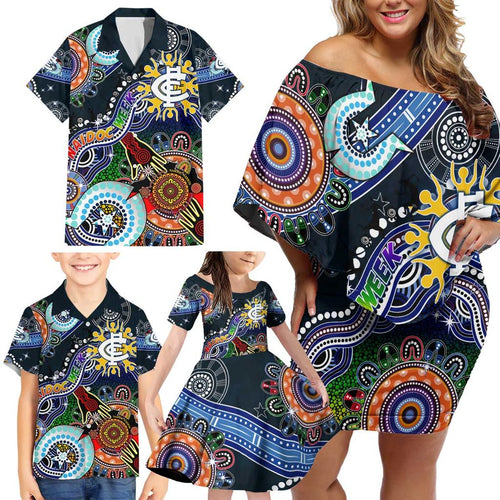 Custom NAIDOC Week 2024 Carlton Blues Family Matching Off Shoulder Short Dress and Hawaiian Shirt Australia Aboriginal Dot Painting