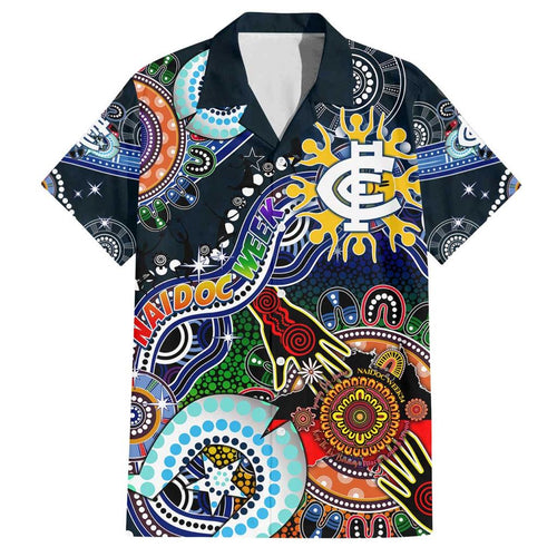 Custom NAIDOC Week 2024 Carlton Blues Family Matching Off Shoulder Short Dress and Hawaiian Shirt Australia Aboriginal Dot Painting