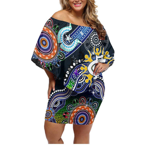 Custom NAIDOC Week 2024 Carlton Blues Family Matching Off Shoulder Short Dress and Hawaiian Shirt Australia Aboriginal Dot Painting