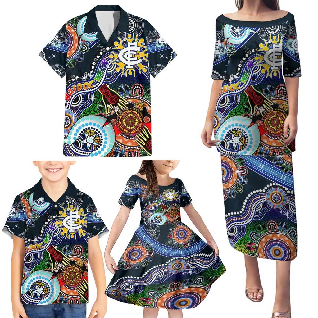 Custom NAIDOC Week 2024 Carlton Blues Family Matching Puletasi and Hawaiian Shirt Australia Aboriginal Dot Painting