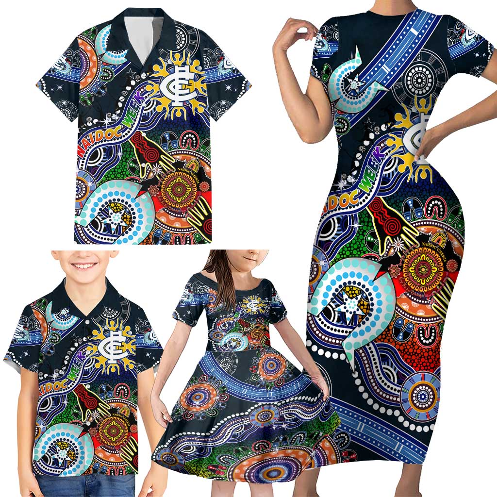 Custom NAIDOC Week 2024 Carlton Blues Family Matching Short Sleeve Bodycon Dress and Hawaiian Shirt Australia Aboriginal Dot Painting