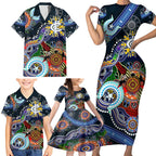 Custom NAIDOC Week 2024 Carlton Blues Family Matching Short Sleeve Bodycon Dress and Hawaiian Shirt Australia Aboriginal Dot Painting