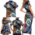 Custom NAIDOC Week 2024 Carlton Blues Family Matching Short Sleeve Bodycon Dress and Hawaiian Shirt Australia Aboriginal Dot Painting