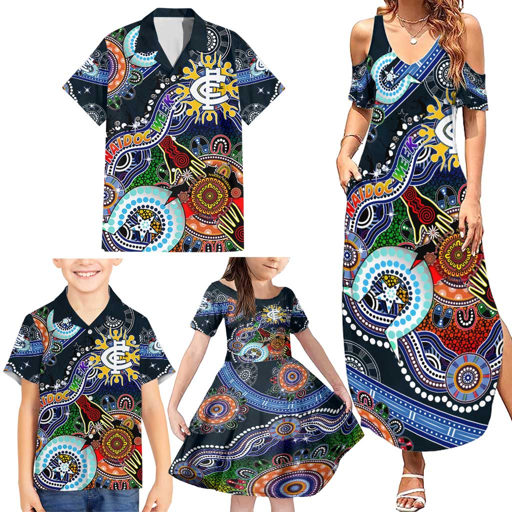Custom NAIDOC Week 2024 Carlton Blues Family Matching Summer Maxi Dress and Hawaiian Shirt Australia Aboriginal Dot Painting