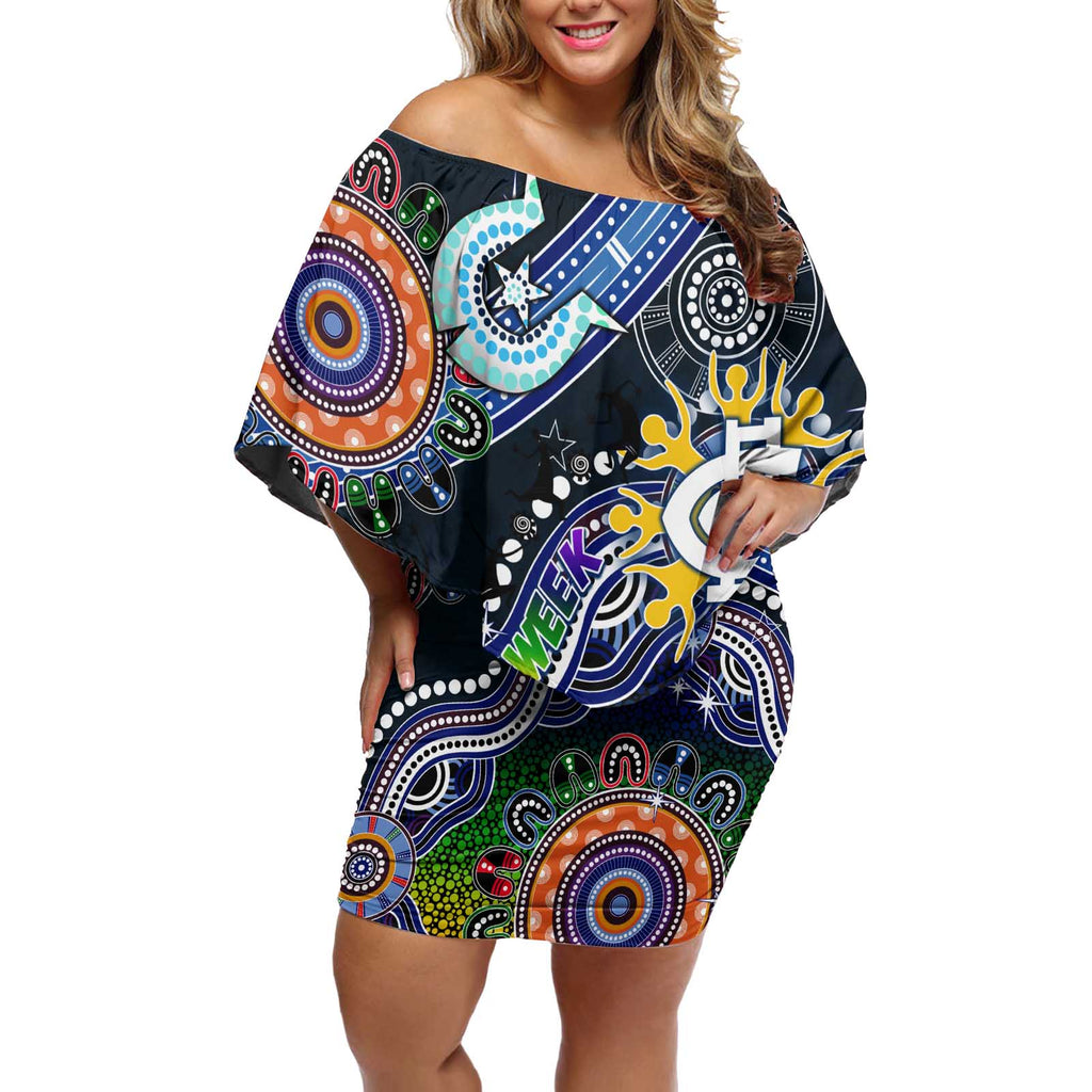 Custom NAIDOC Week 2024 Carlton Blues Off Shoulder Short Dress Australia Aboriginal Dot Painting