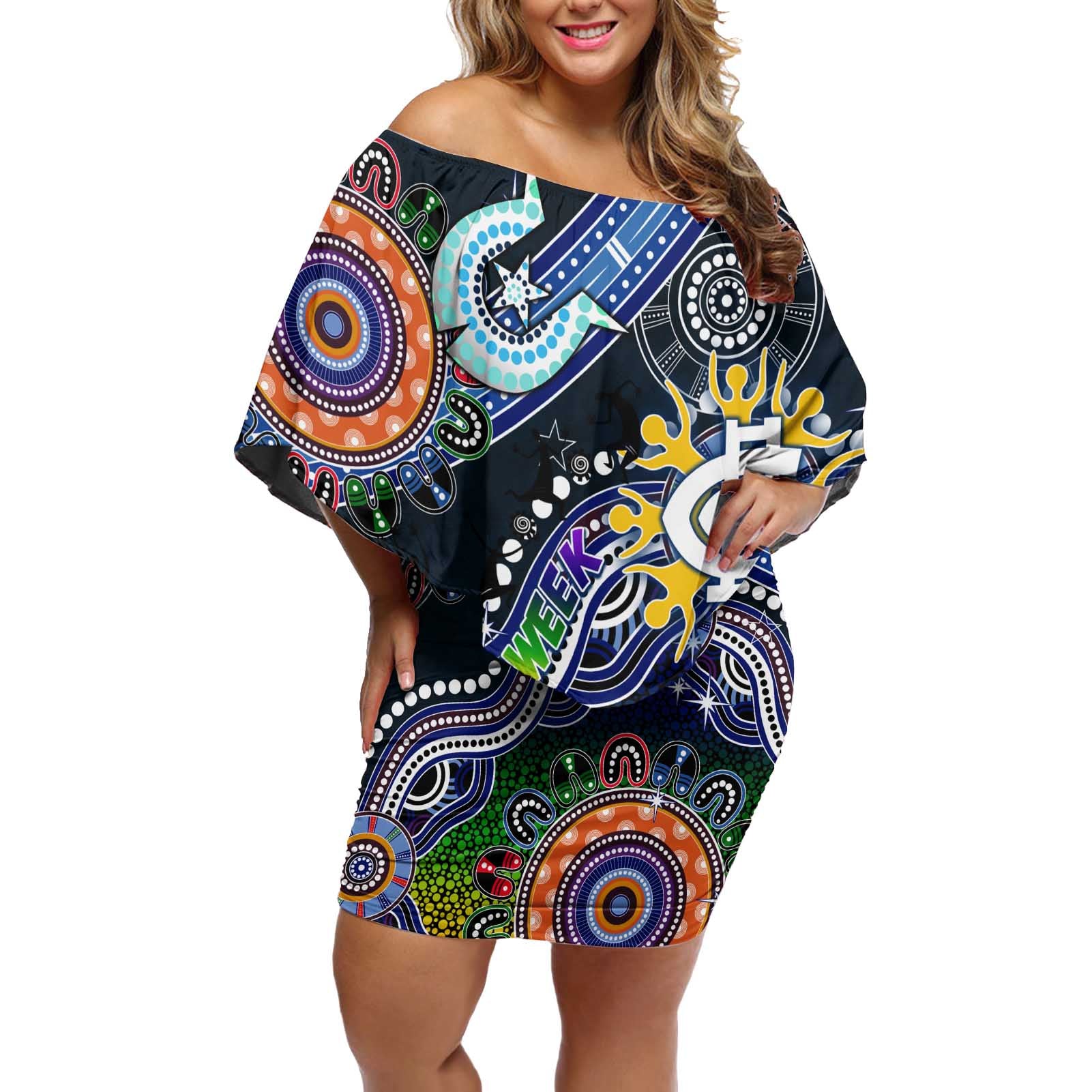 Custom NAIDOC Week 2024 Carlton Blues Off Shoulder Short Dress Australia Aboriginal Dot Painting