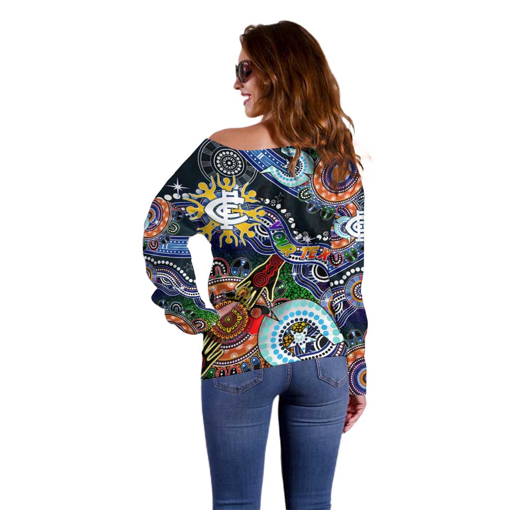 Custom NAIDOC Week 2024 Carlton Blues Off Shoulder Sweater Australia Aboriginal Dot Painting
