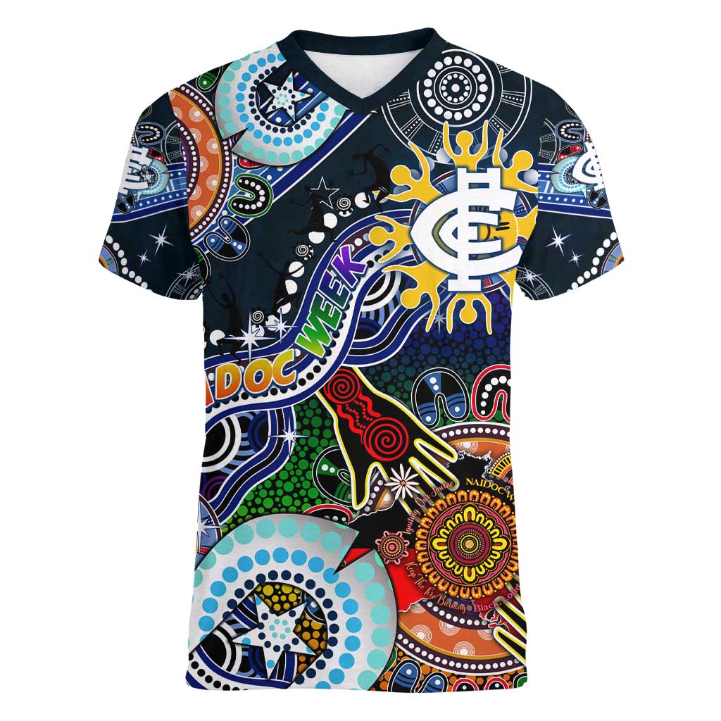 Custom NAIDOC Week 2024 Carlton Blues Women V-Neck T-Shirt Australia Aboriginal Dot Painting