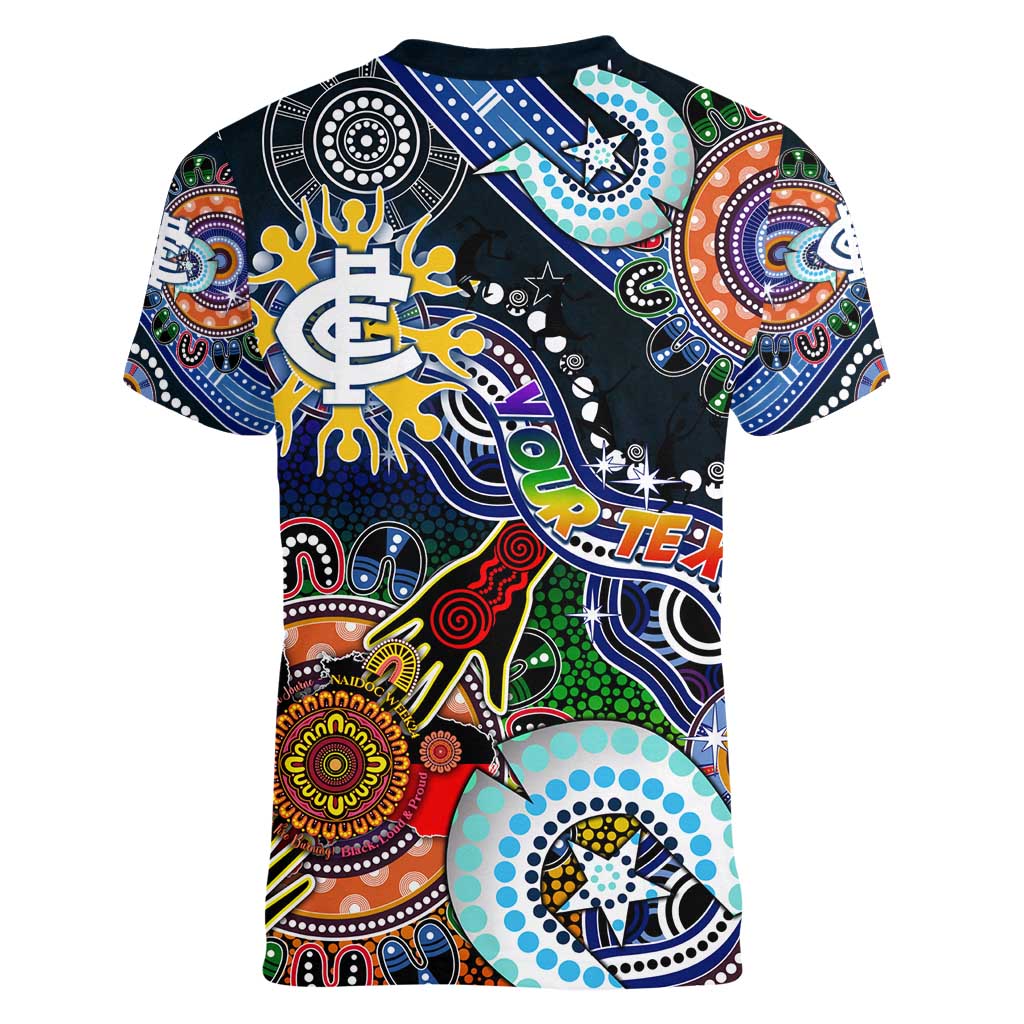 Custom NAIDOC Week 2024 Carlton Blues Women V-Neck T-Shirt Australia Aboriginal Dot Painting