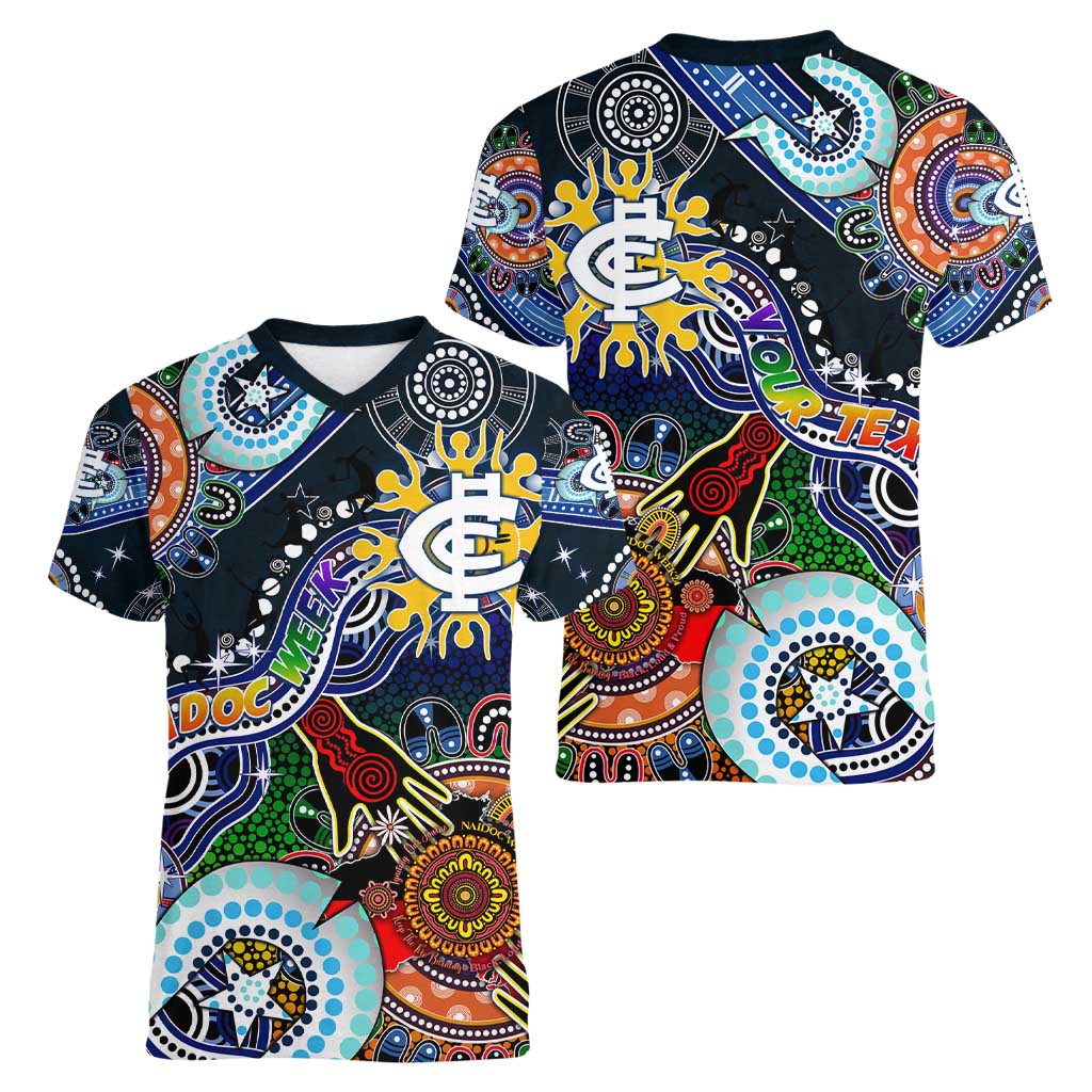 Custom NAIDOC Week 2024 Carlton Blues Women V-Neck T-Shirt Australia Aboriginal Dot Painting