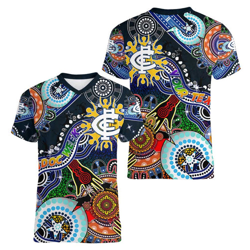 Custom NAIDOC Week 2024 Carlton Blues Women V-Neck T-Shirt Australia Aboriginal Dot Painting