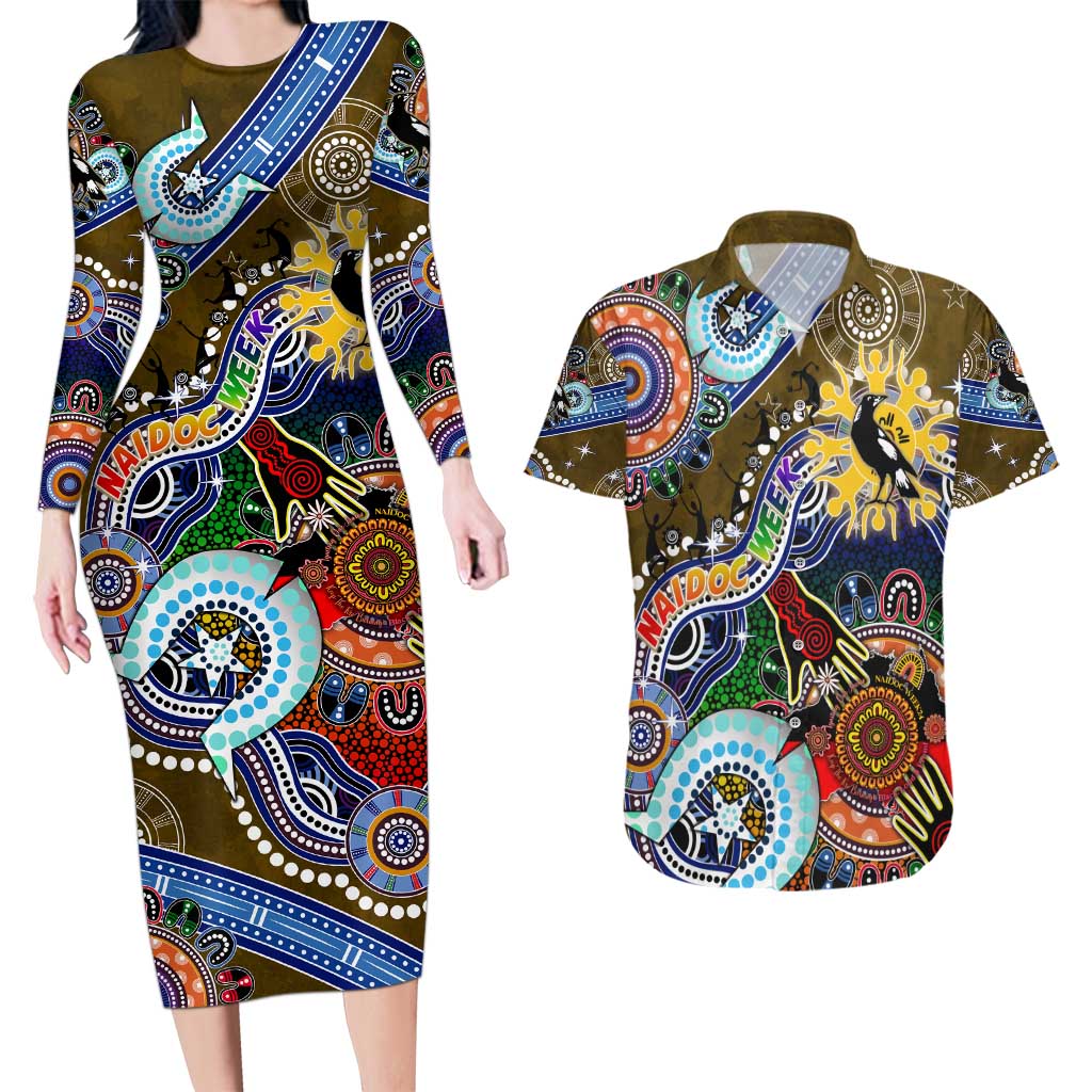 Custom NAIDOC Week 2024 Collingwood Magpies Couples Matching Long Sleeve Bodycon Dress and Hawaiian Shirt Australia Aboriginal Dot Painting