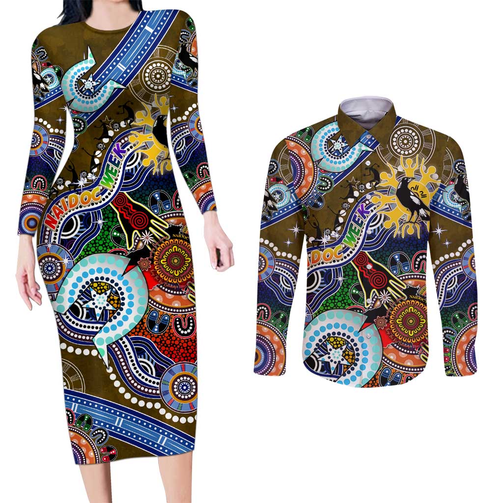 Custom NAIDOC Week 2024 Collingwood Magpies Couples Matching Long Sleeve Bodycon Dress and Long Sleeve Button Shirt Australia Aboriginal Dot Painting