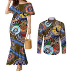 Custom NAIDOC Week 2024 Collingwood Magpies Couples Matching Mermaid Dress and Long Sleeve Button Shirt Australia Aboriginal Dot Painting