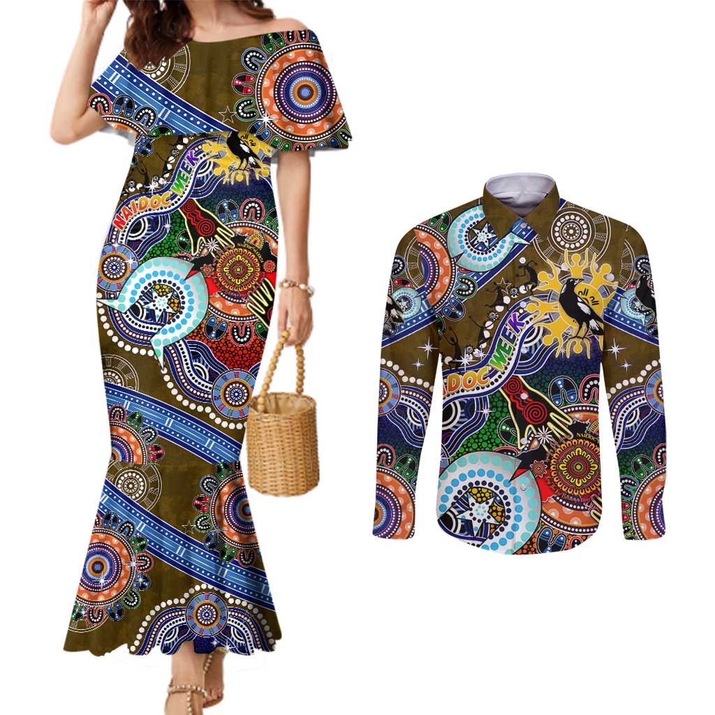 Custom NAIDOC Week 2024 Collingwood Magpies Couples Matching Mermaid Dress and Long Sleeve Button Shirt Australia Aboriginal Dot Painting