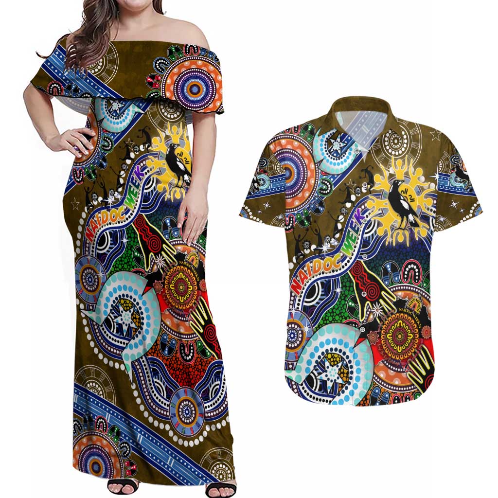 Custom NAIDOC Week 2024 Collingwood Magpies Couples Matching Off Shoulder Maxi Dress and Hawaiian Shirt Australia Aboriginal Dot Painting