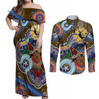 Custom NAIDOC Week 2024 Collingwood Magpies Couples Matching Off Shoulder Maxi Dress and Long Sleeve Button Shirt Australia Aboriginal Dot Painting