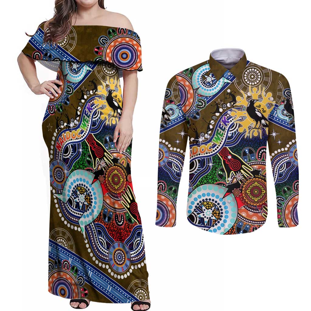 Custom NAIDOC Week 2024 Collingwood Magpies Couples Matching Off Shoulder Maxi Dress and Long Sleeve Button Shirt Australia Aboriginal Dot Painting