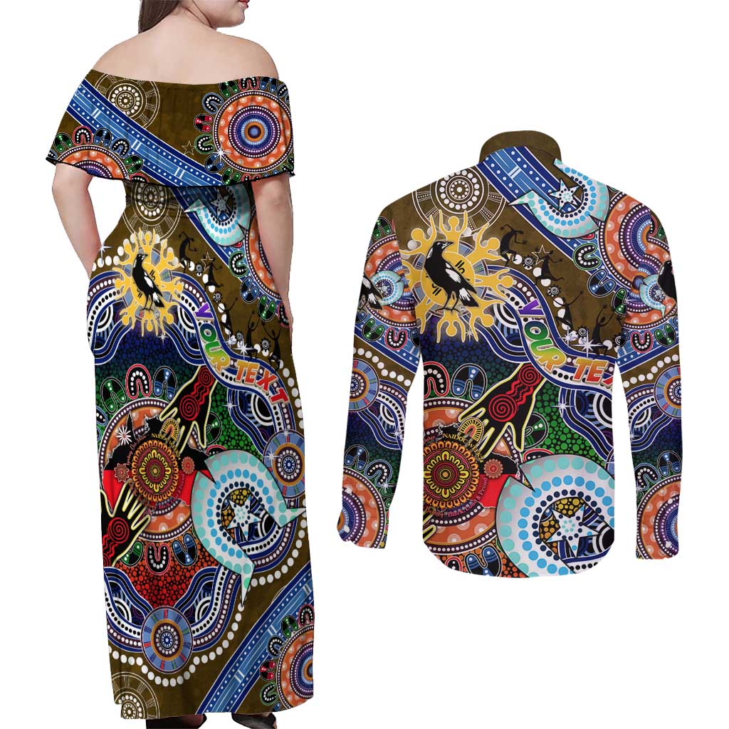Custom NAIDOC Week 2024 Collingwood Magpies Couples Matching Off Shoulder Maxi Dress and Long Sleeve Button Shirt Australia Aboriginal Dot Painting