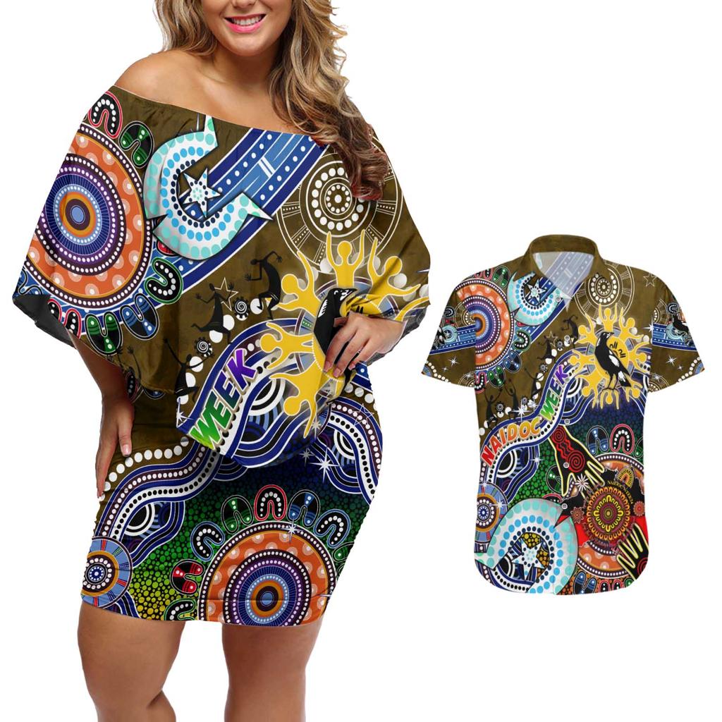 Custom NAIDOC Week 2024 Collingwood Magpies Couples Matching Off Shoulder Short Dress and Hawaiian Shirt Australia Aboriginal Dot Painting