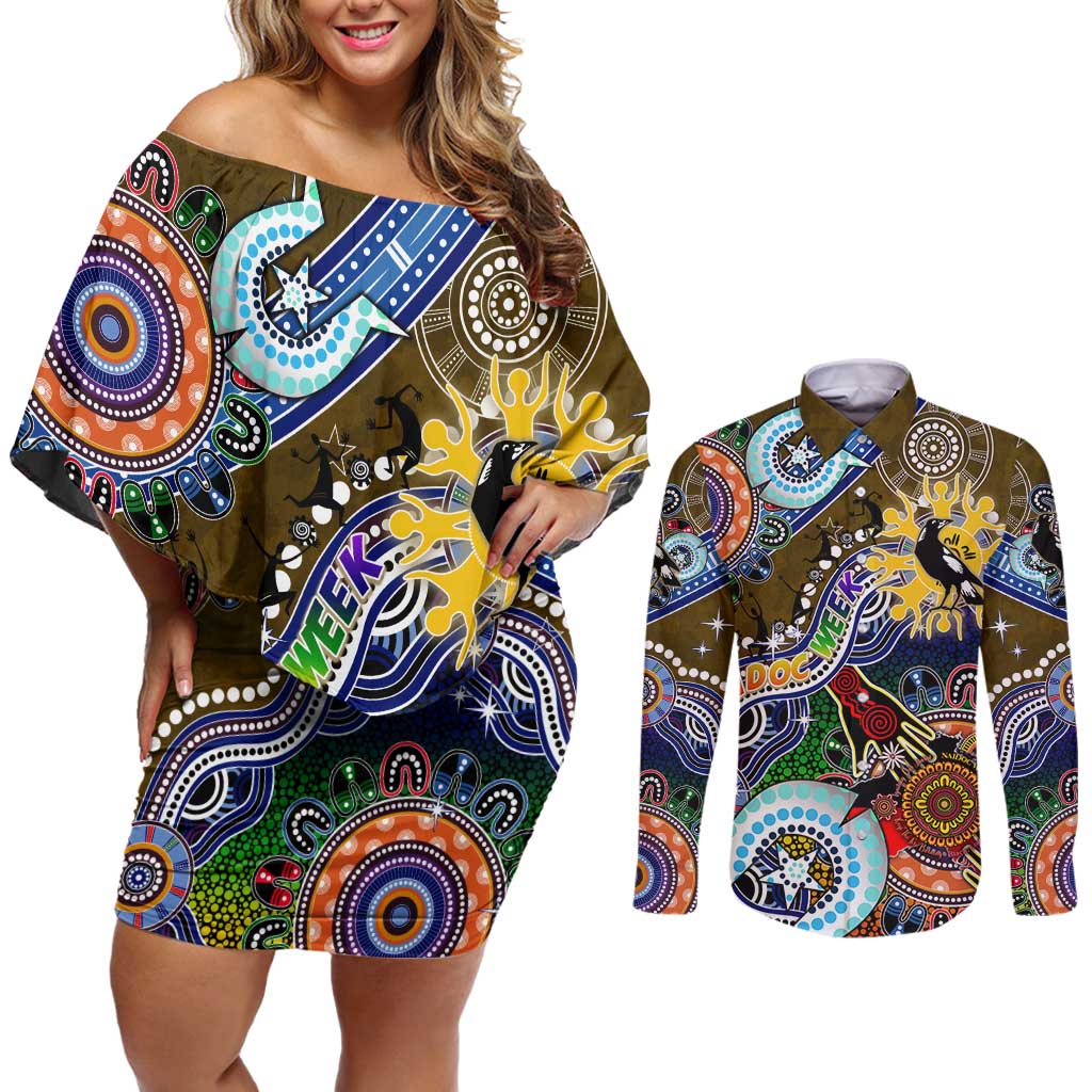 Custom NAIDOC Week 2024 Collingwood Magpies Couples Matching Off Shoulder Short Dress and Long Sleeve Button Shirt Australia Aboriginal Dot Painting