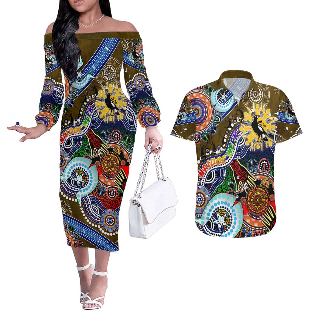 Custom NAIDOC Week 2024 Collingwood Magpies Couples Matching Off The Shoulder Long Sleeve Dress and Hawaiian Shirt Australia Aboriginal Dot Painting