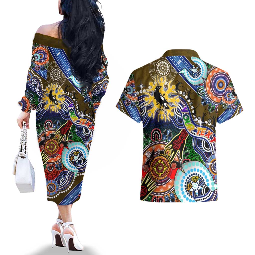 Custom NAIDOC Week 2024 Collingwood Magpies Couples Matching Off The Shoulder Long Sleeve Dress and Hawaiian Shirt Australia Aboriginal Dot Painting