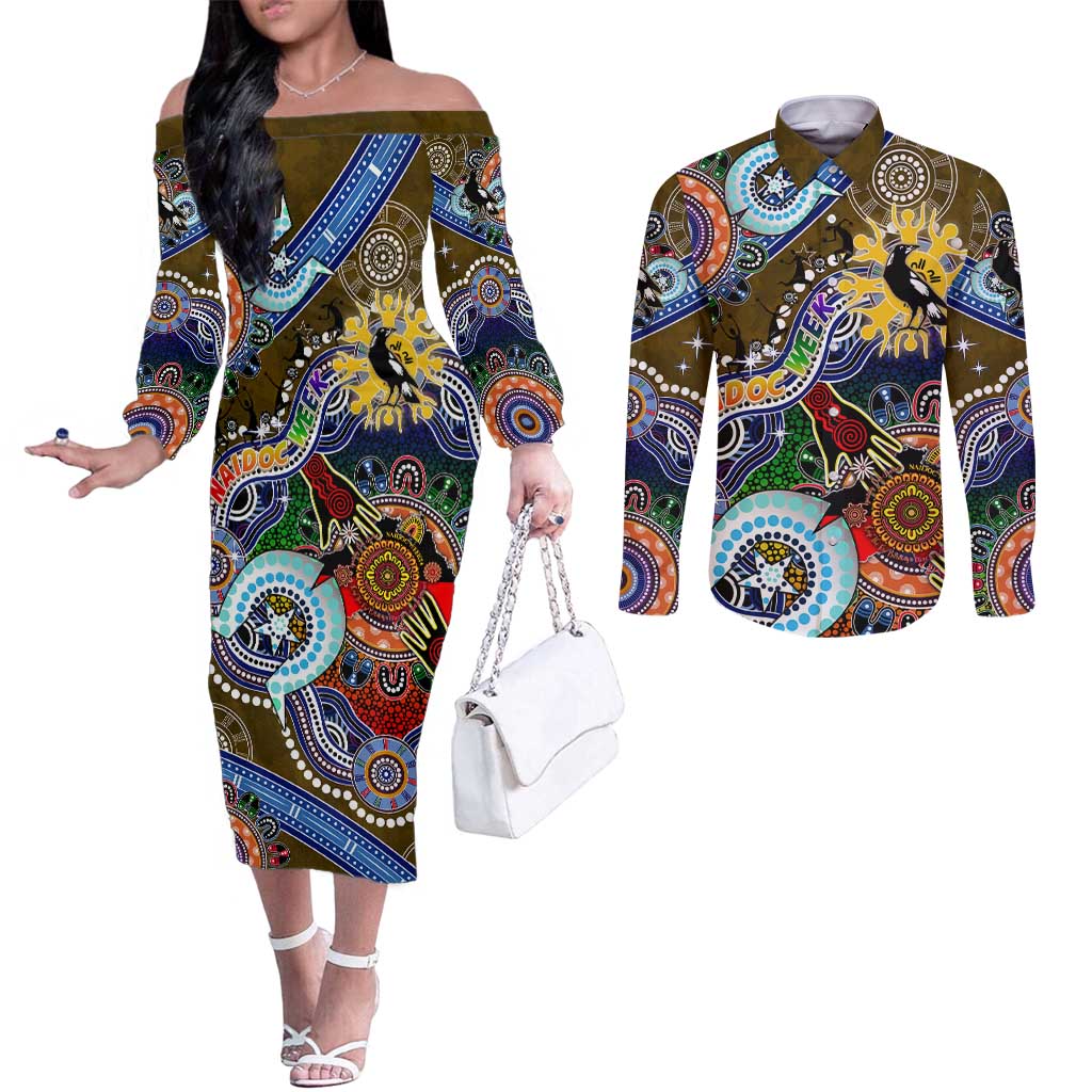 Custom NAIDOC Week 2024 Collingwood Magpies Couples Matching Off The Shoulder Long Sleeve Dress and Long Sleeve Button Shirt Australia Aboriginal Dot Painting