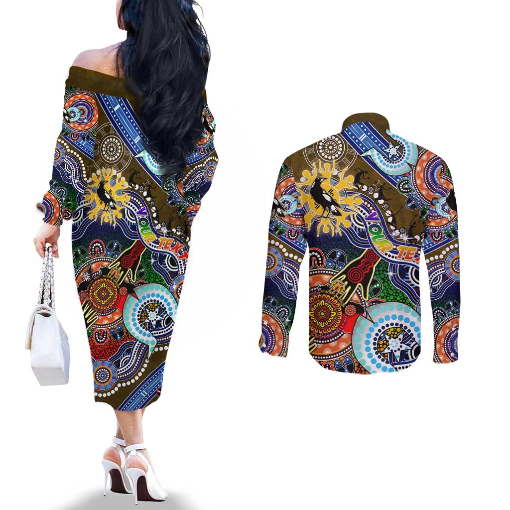Custom NAIDOC Week 2024 Collingwood Magpies Couples Matching Off The Shoulder Long Sleeve Dress and Long Sleeve Button Shirt Australia Aboriginal Dot Painting