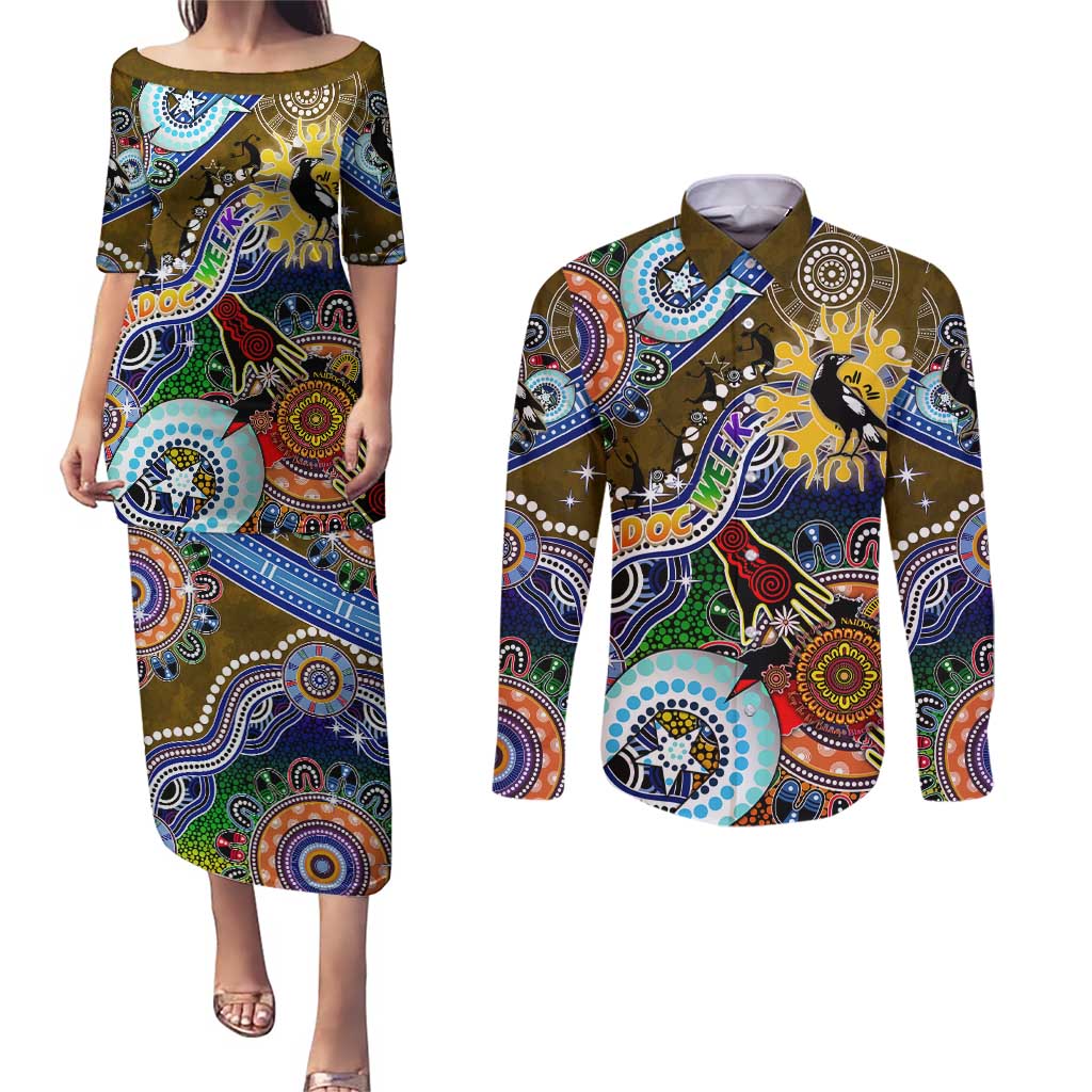 Custom NAIDOC Week 2024 Collingwood Magpies Couples Matching Puletasi and Long Sleeve Button Shirt Australia Aboriginal Dot Painting